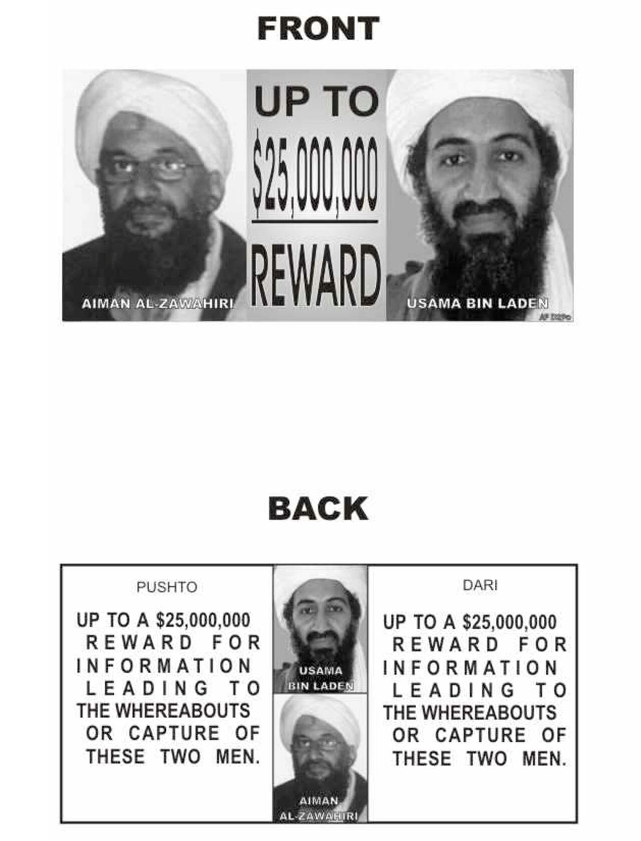 El Departamento de Defensa exhibe el 20 de noviembre de 2001 un folleto que ofrece una recompensa de 25 millones de dólares por información que conduzca a la captura o el paradero de Osama bin Laden y su principal asesor, Ayman al-Zawahiri. Los folletos se lanzarán desde aviones sobre Afganistán en idiomas locales.