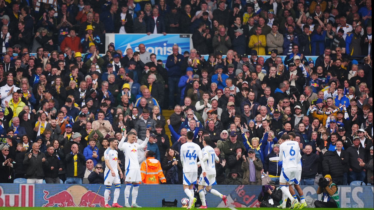 Leeds United's Joel Piroe celebrates scoring their side's fifth goal of the game and his fourth, during the Sky Bet Championship match at Elland Road, Leeds. Picture date: Monday April 21, 2025. (Photo by Mike Egerton/PA Images via Getty Images)