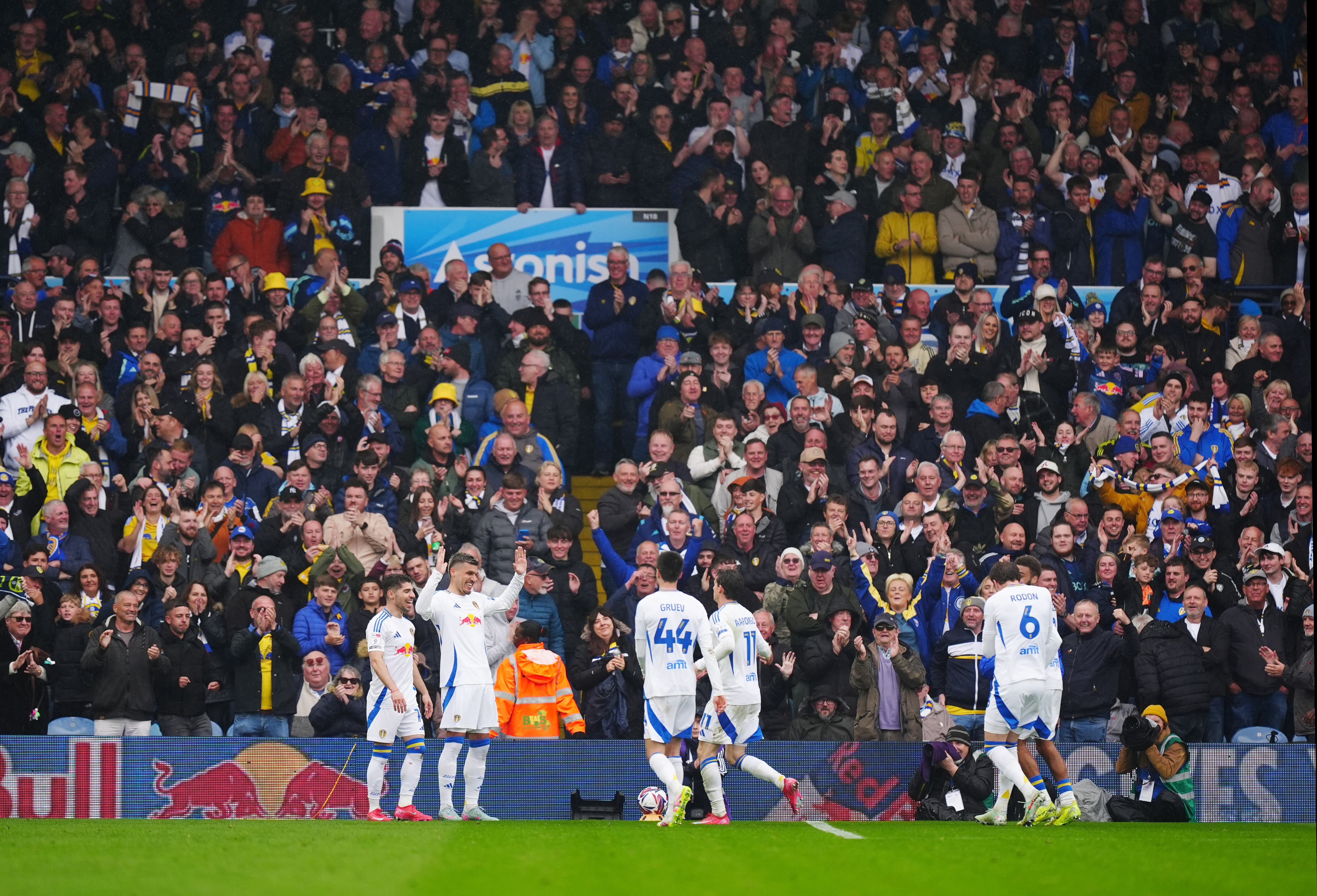 Leeds United's Joel Piroe celebrates scoring their side's fifth goal of the game and his fourth, during the Sky Bet Championship match at Elland Road, Leeds. Picture date: Monday April 21, 2025. (Photo by Mike Egerton/PA Images via Getty Images)