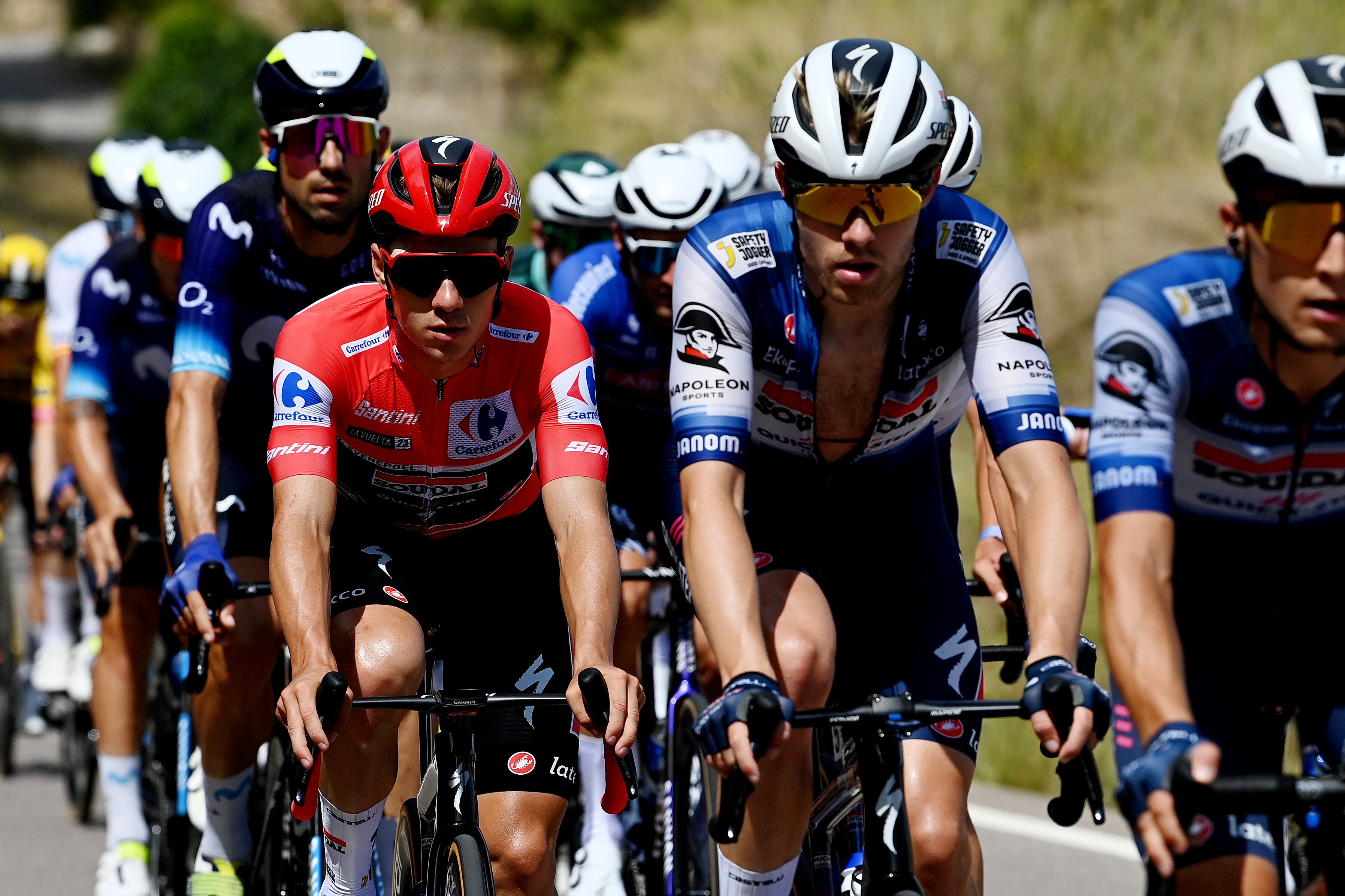 BURRIANA, SPAIN - AUGUST 30: Remco Evenepoel of Belgium and Team Soudal - Quick Step - Red Leader Jersey competes during the 78th Tour of Spain 2023, Stage 5 a 184.6km stage from Burriana to Burriana / #UCIWT / on August 30, 2023 in Morella, Spain. (Photo by Tim de Waele/Getty Images)