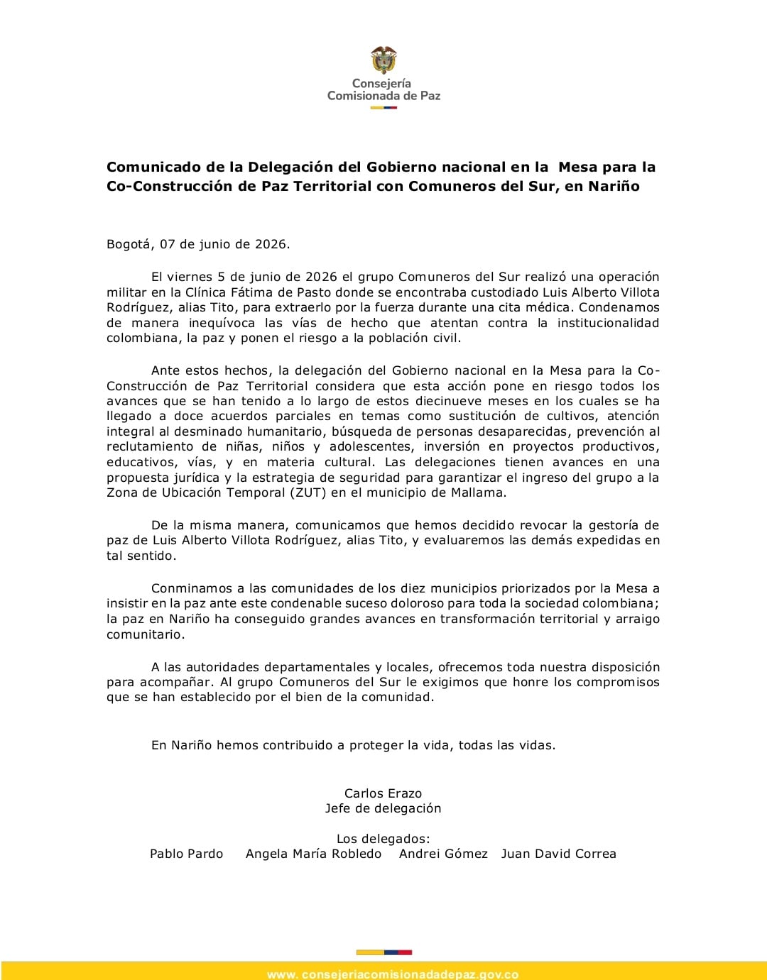 Comunicado Gobierno Petro.