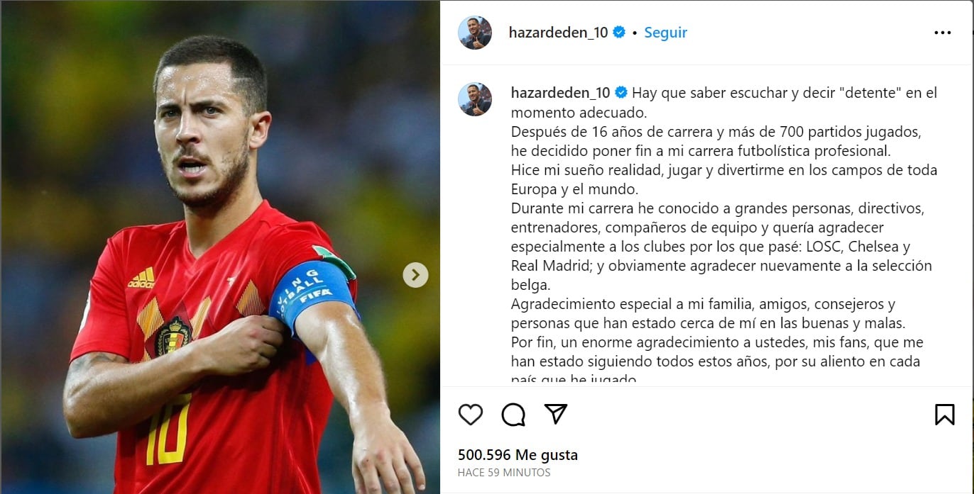 Eden Hazard escribió un mensaje de agradecimiento en Instagram.