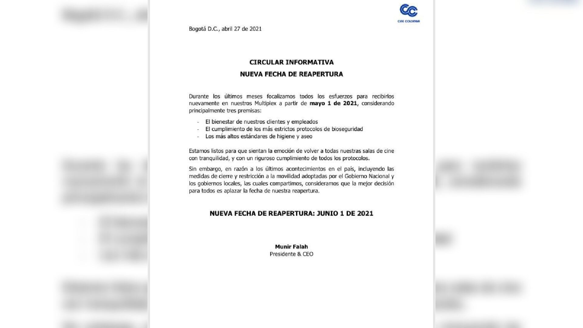 Comunicado Cine Colombia