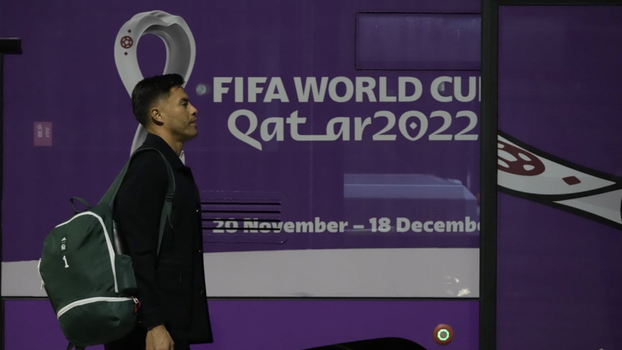 A member of the Mexico national soccer team arrives at Hamad International airport in Doha, Qatar, Friday, Nov. 18, 2022 ahead of the upcoming World Cup. Mexico will play the first match in the World Cup against Poland on Nov. 22. (AP/Hassan Ammar)