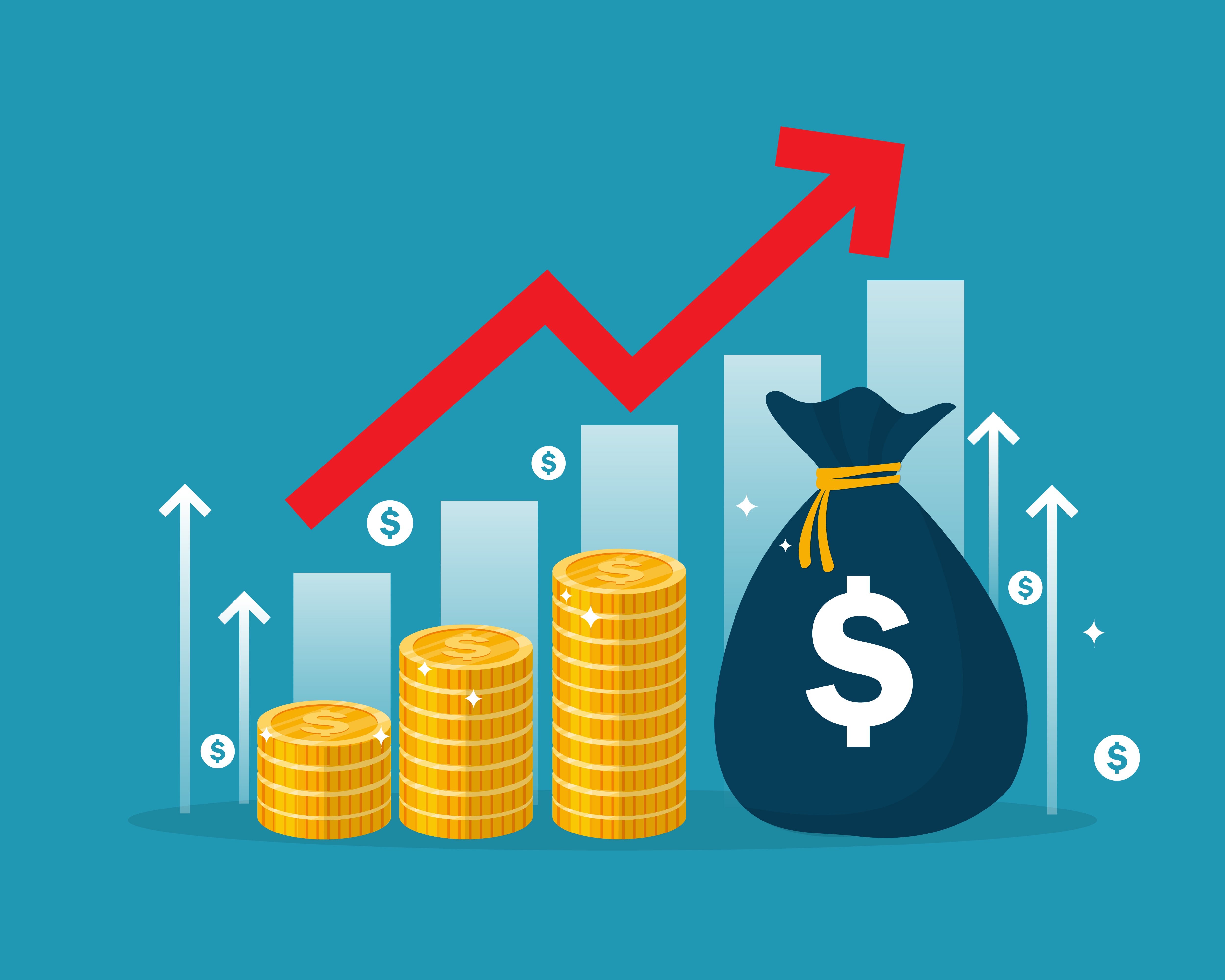 business finance graph growth and bag money coin. investment arrow up. profit income chart increase. vector illustration flat design.