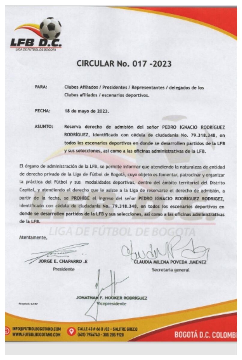 Liga de Fútbol de bogotá veta a Pedro Rodríguez