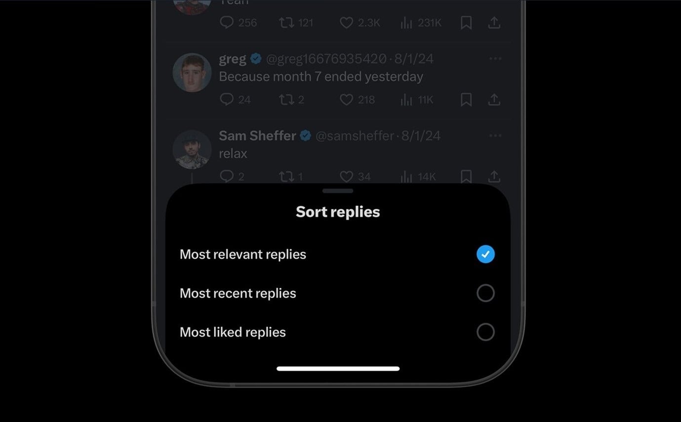 La nueva función para ordenar respuestas de publicaciones de X.
X
12/8/2024