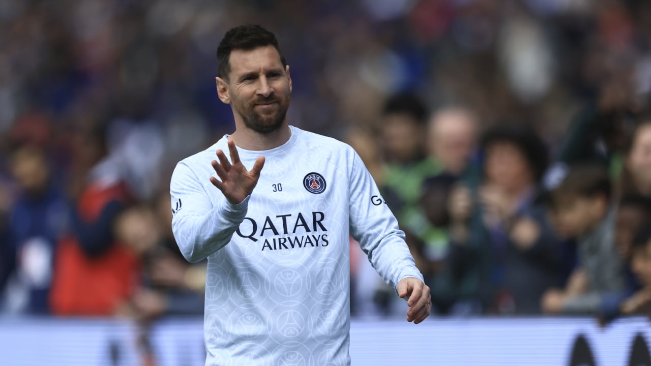PSG's Lionel Messi gestures as he warms up before the French League One soccer match between Paris Saint-Germain and Lorient, at the Parc des Princes stadium in Paris, Sunday, April 30, 2023. (AP/Aurelien Morissard)