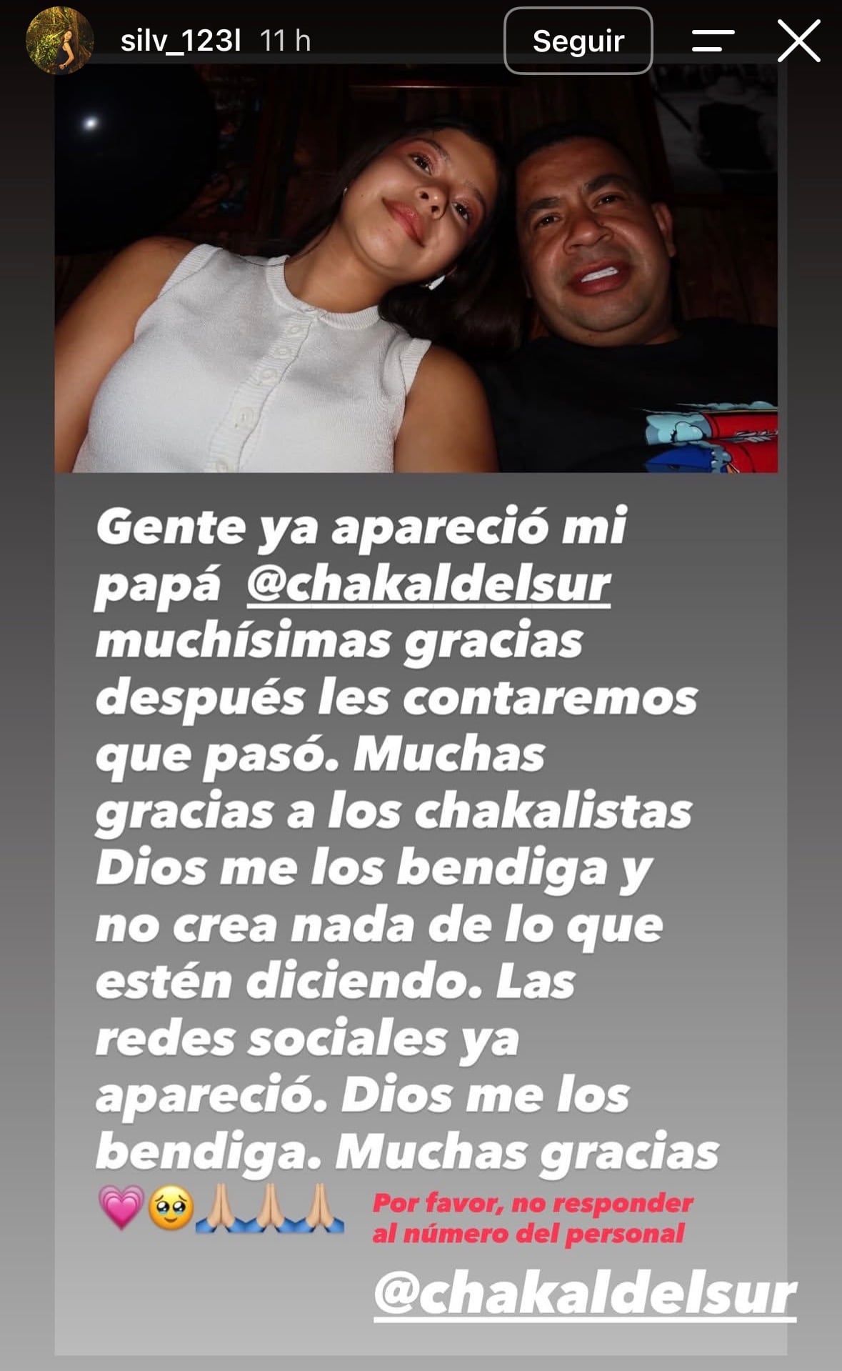 Hija del Chakal del Sur confirmó que ya se encuentra con su familia.