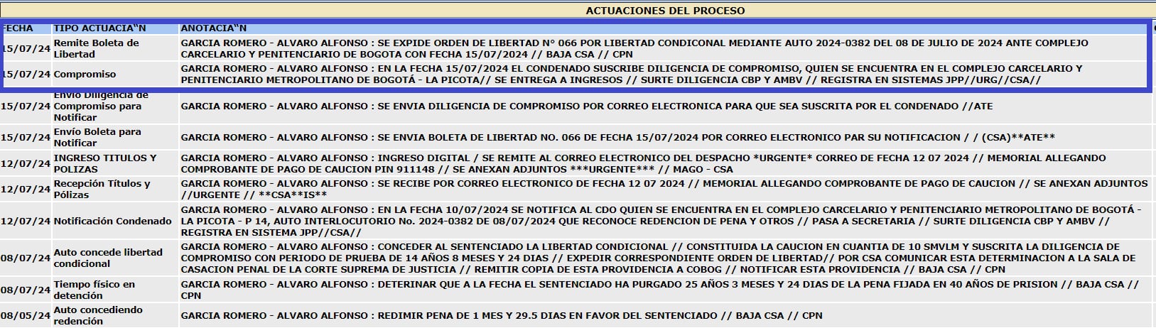 Boleta de libertad del exsenador Álvaro García Romero.