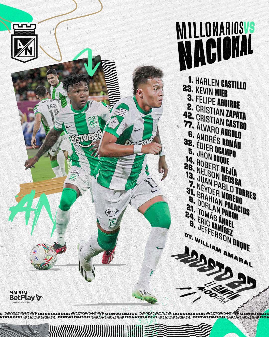 Atlético Nacional presentó su convocatoria para enfrentar a Millonarios.