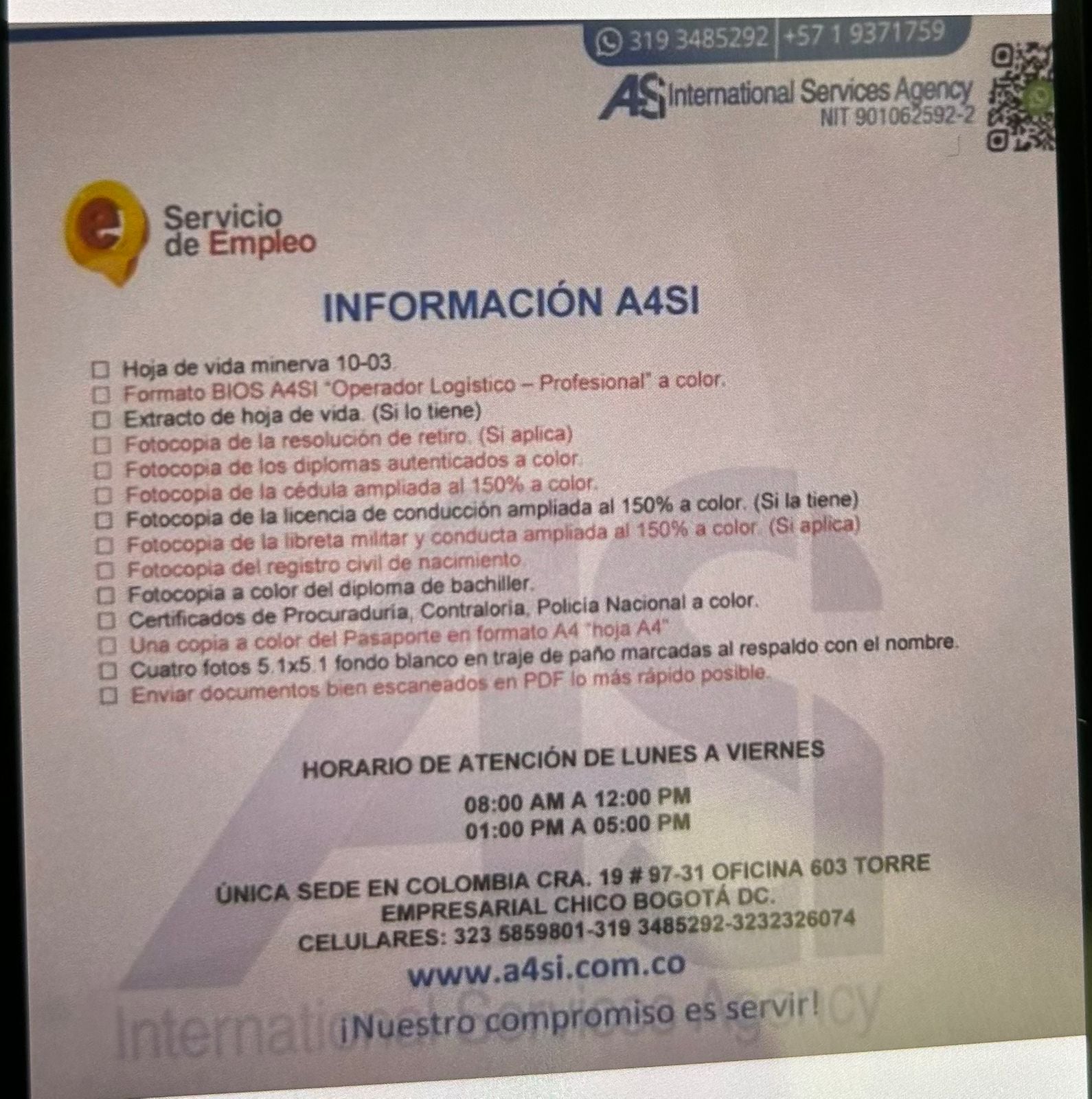 Foto de perfil en WhatsApp de  International Service Agency SAS (A4SI), donde usa el logo del Servicio de Empleo e informa sobre los requisitos para emplear.