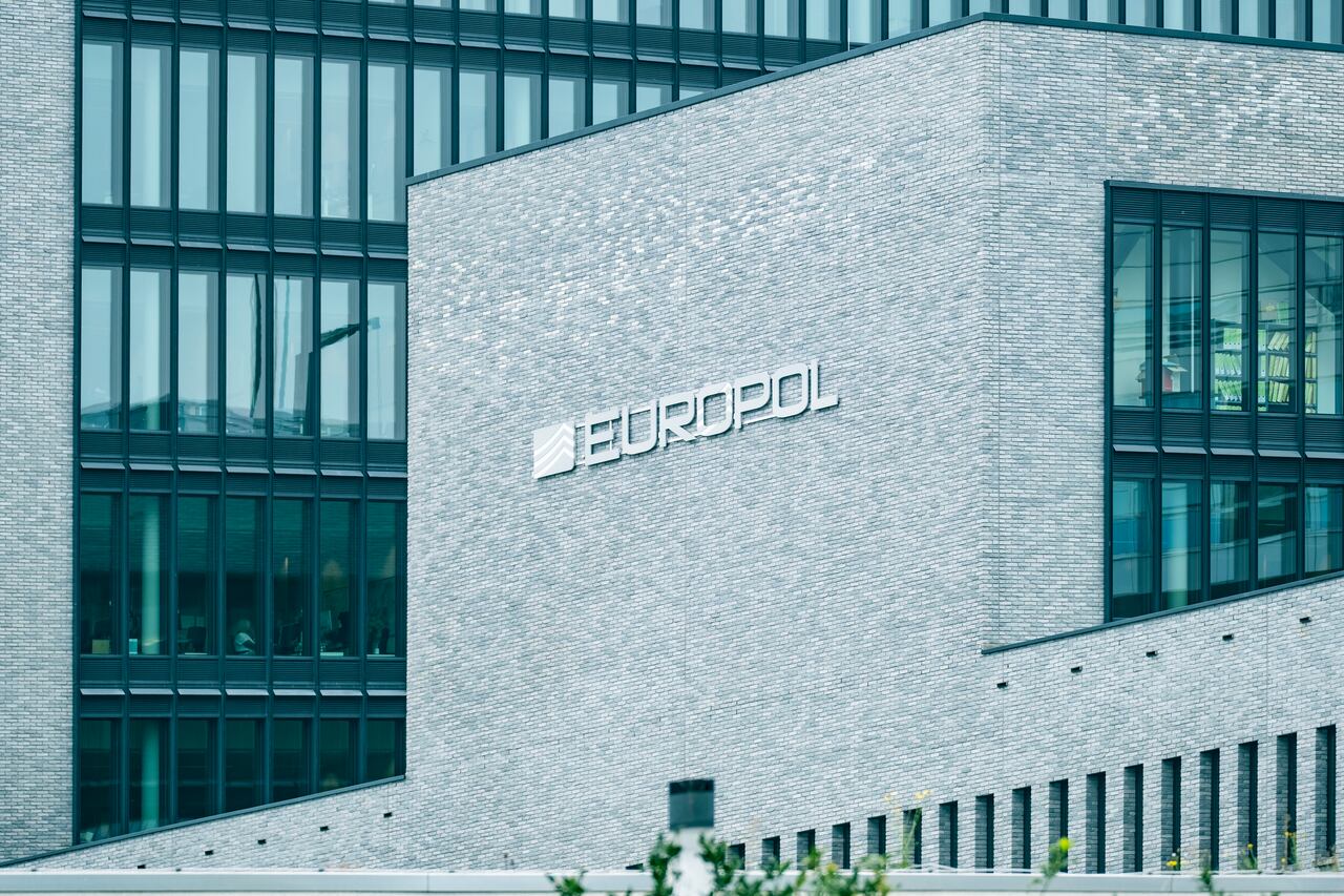 building European Union Agency for Law Enforcement Cooperation with Europol text on facade, EU institutions, counterterrorism intelligence sharing, Hague, Netherlands - September 12, 2023