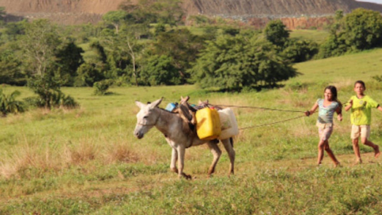 Dos niños de Unión Matoso (Córdoba) llevan a su casa agua para consumir que recogen en los caños. Al fondo, a 800 metros, está la mina de Cerro Matoso, de BHP Billinton, la compañía minera más grande del planeta.