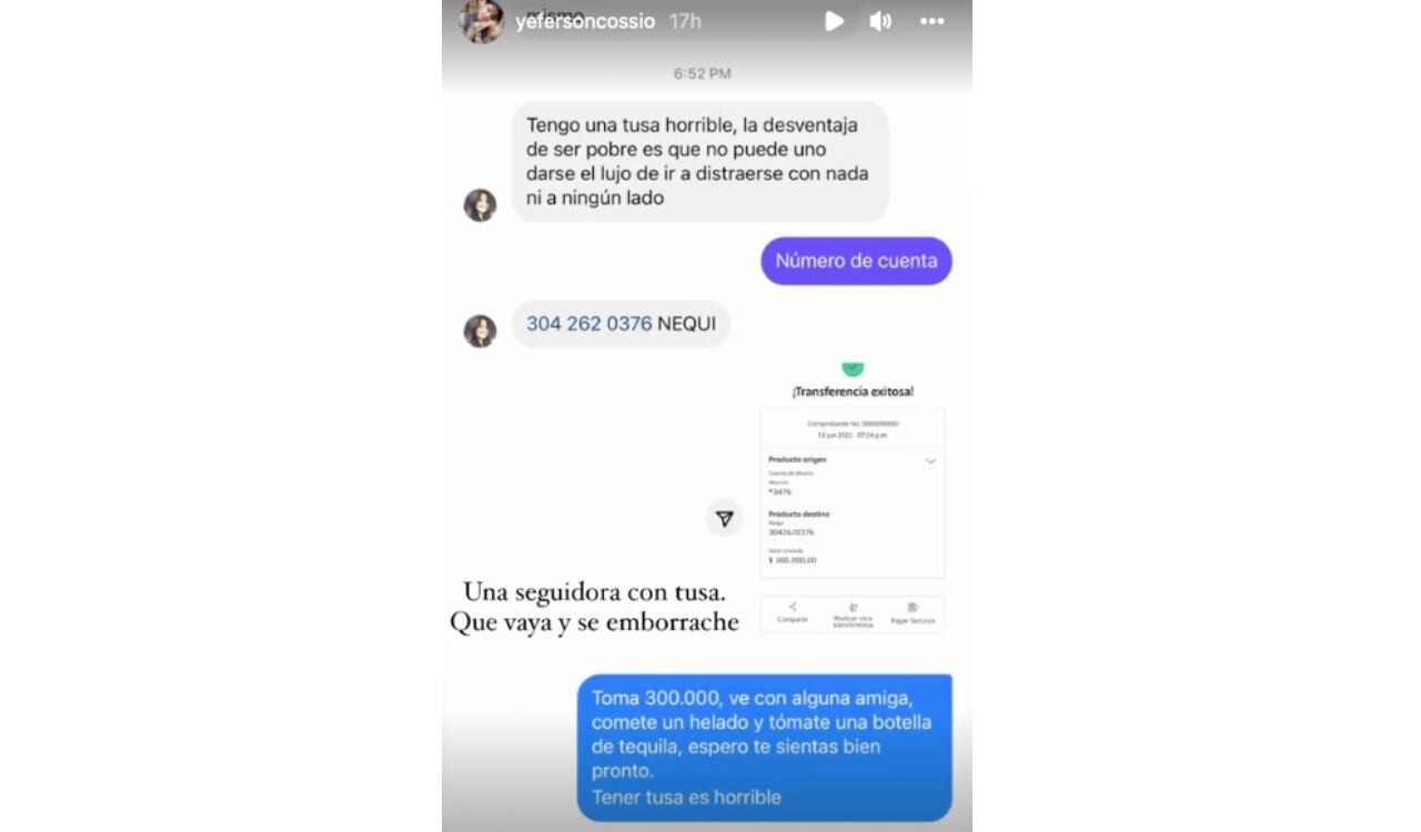 Yéferson Cossio le regala 300 mil pesos a una seguidora por estar con tusa