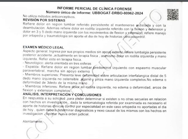Dictamen de medicina legal, presunta victima, estudiante GCB