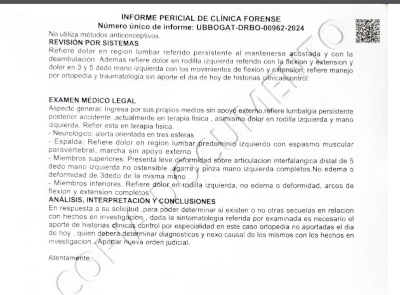 Dictamen de medicina legal, presunta victima, estudiante GCB
