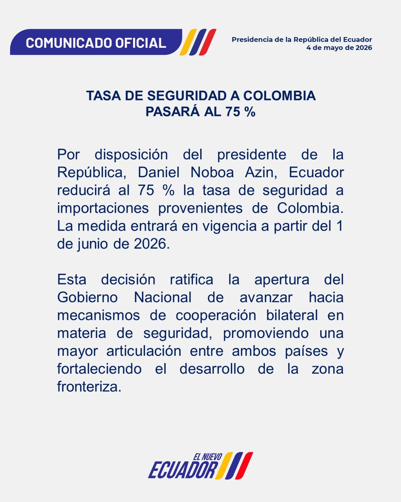 Comunicado gobierno Ecuador