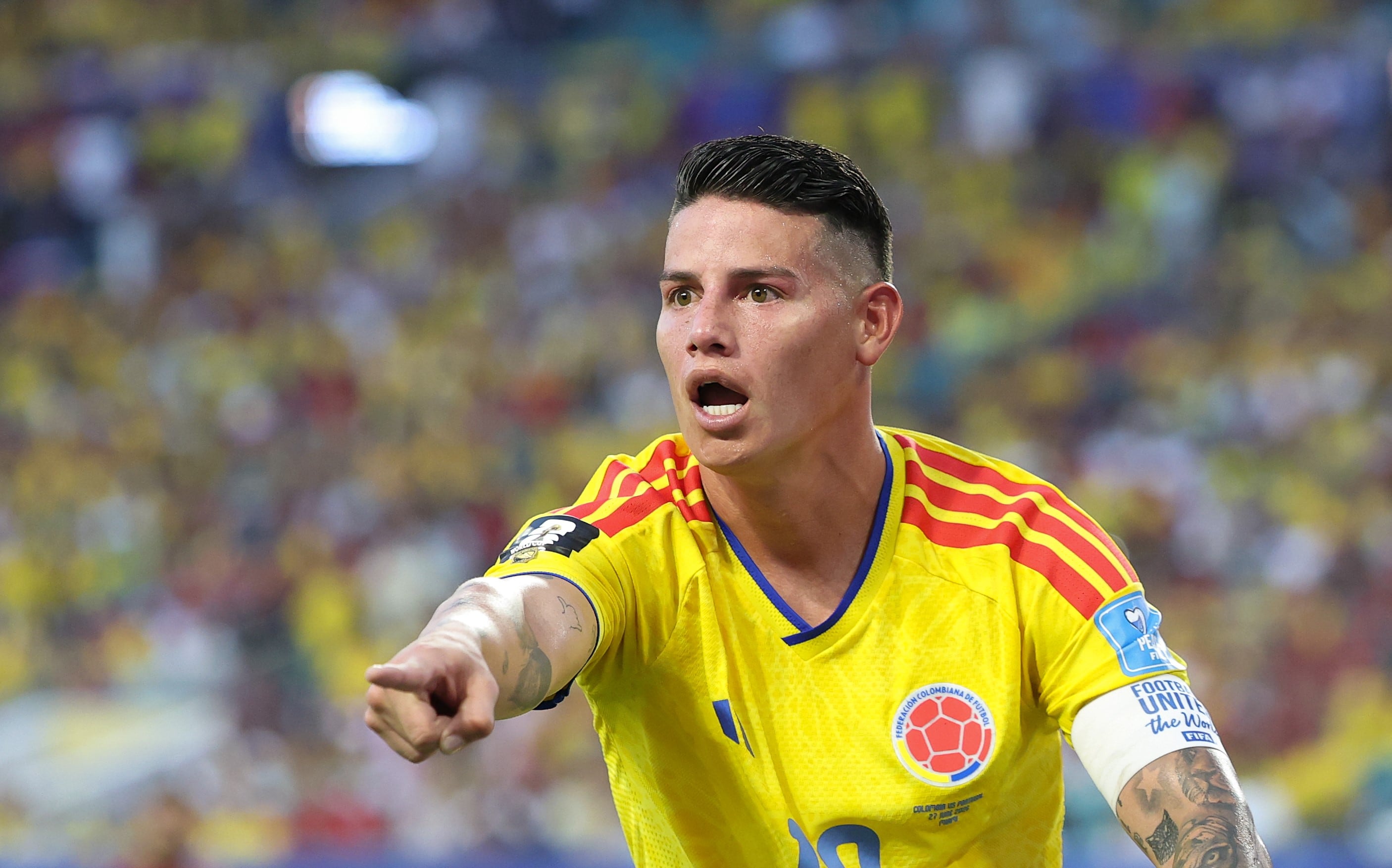James Rodriguez of Colombia reacts during the group K match between Colombia and Portugal at the 2026 FIFA World Cup at Miami Stadium, Miami, the United States, June 27, 2026. (Photo by Zhang Chen/Xinhua via Getty Images)