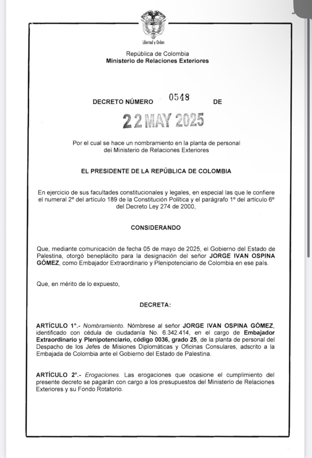 Decreto nombramiento Jorge Iván Ospina.