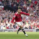 Manchester United's Cristiano Ronaldo celebrates after scoring his third goal during the English Premier League soccer match between Manchester United and Norwich City at Old Trafford stadium in Manchester, England, Saturday, April 16, 2022. (AP Photo/Jon Super)