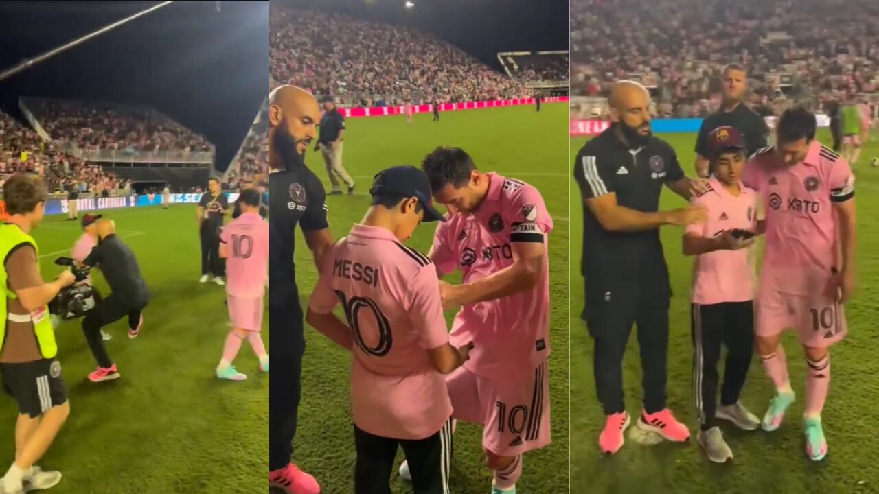 Lionel Messi saludó a un hincha que logró acercarse hasta el terreno de juego.