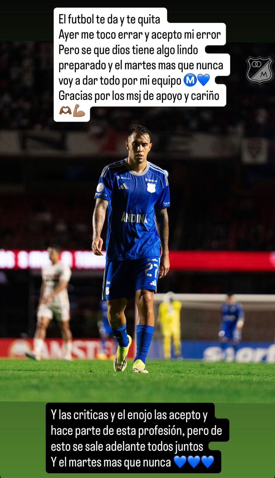 El mensaje de Rodrigo Contreras tras fallar un penal a favor de Millonarios contra São Paulo.