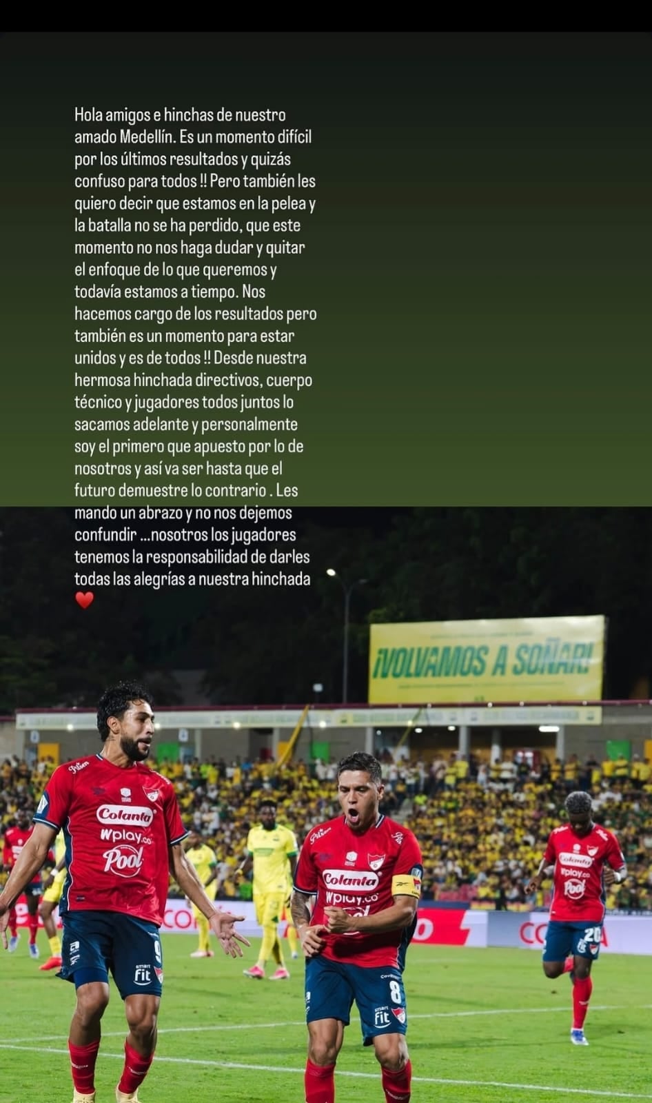 Juan Fernando Quintero dedicó unas palabras ante el mal momento de Independiente Medellín