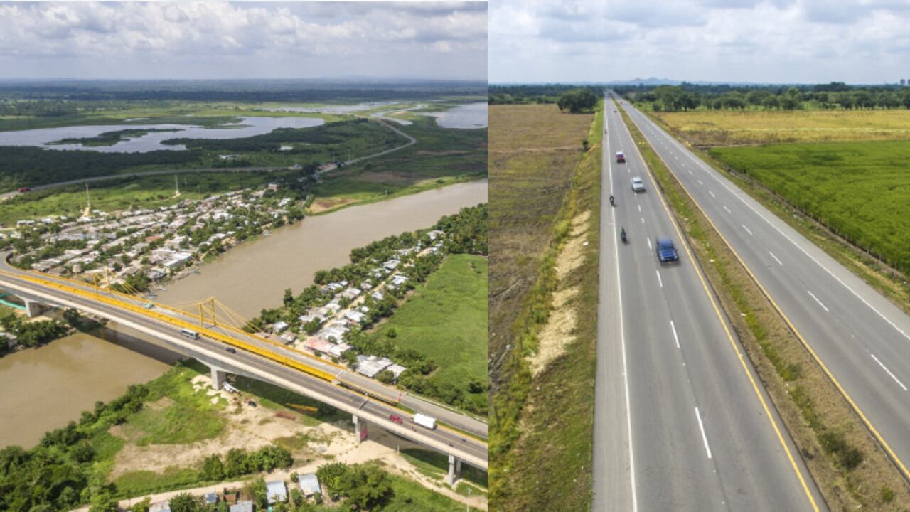 A la izquierda, el puente Gambote ubicado al norte de Bolívar mide 627 metros. A la derecha, la carretera de la concesión Córdoba-Sucre.
