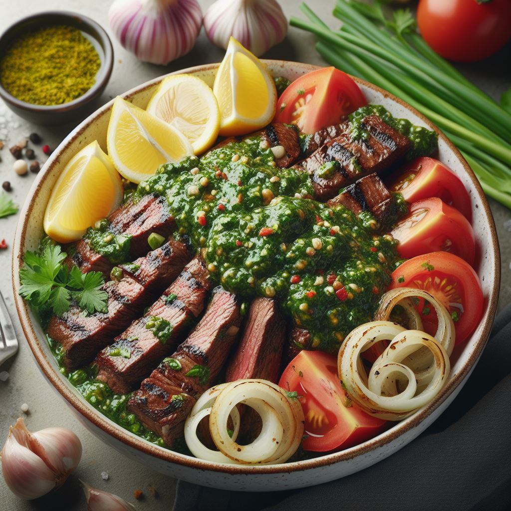 El chimichurri suele acompañar carnes asadas.