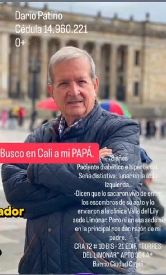 Darío Patiño, de 78 años, desaparecido en Cali.