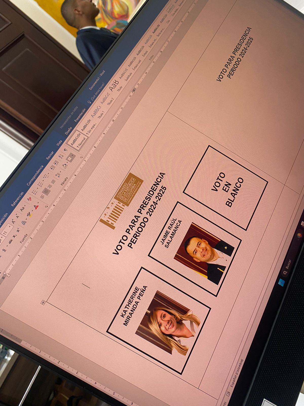 Este es el tarjetón para la elección de la Presidencia de la Cámara de Representantes que se elegirá entre Katherine Miranda y Jaime Raúl Salamanca.