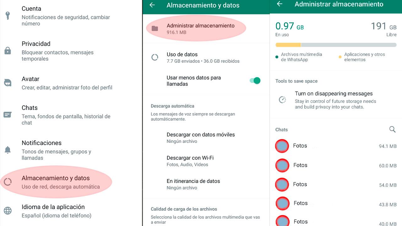 WhatsApp tiene un registro de los chats de más almacenamiento ocupan en el dispositivo del usuario.
