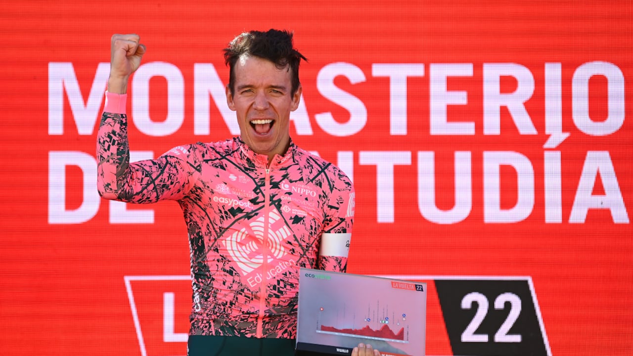 MONASTERIO DE TENTUDÍA, SPAIN - SEPTEMBER 07: Rigoberto Uran Uran of Colombia and Team EF Education - Easypost celebrates at podium as stage winner during the 77th Tour of Spain 2022, Stage 17 a 162,4km stage from Aracena to Monasterio de Tentudía 1095m / #LaVuelta22 / #WorldTour / on September 07, 2022 in Monasterio de Tentudía, Spain. (Photo by Tim de Waele/Getty Images)