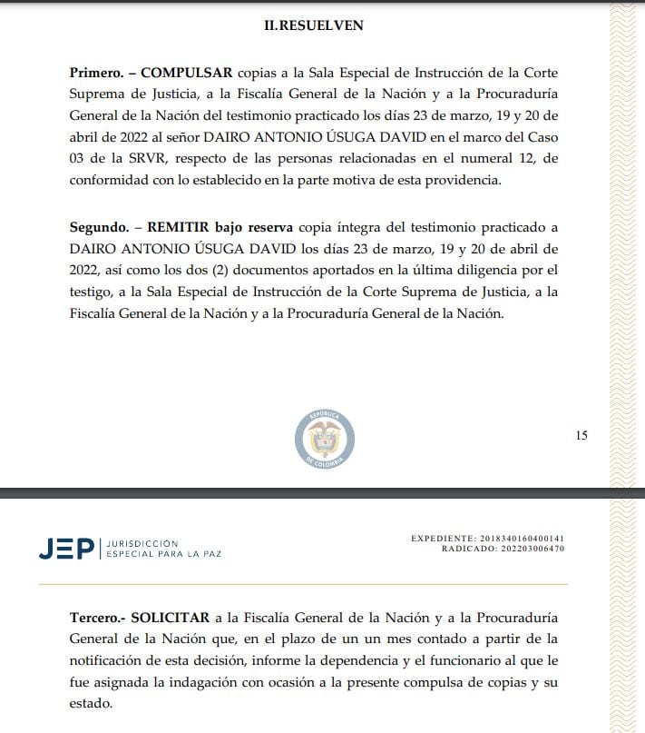 La JEP pidió investigar la veracidad de las declaraciones hechas por el exjefe del Clan del Golfo, Dairo Antonio Úsuga David, alias Otoniel.