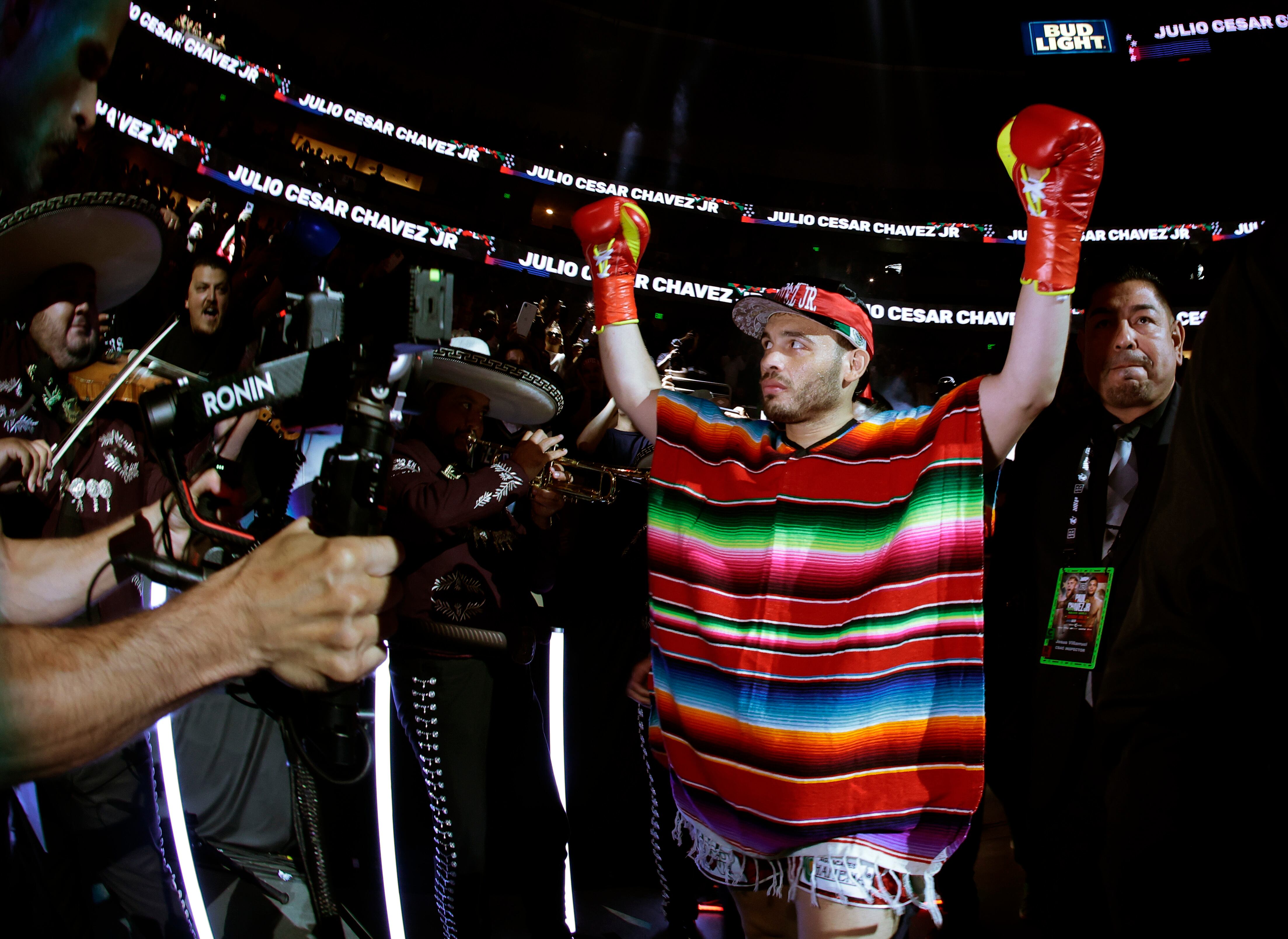 ANAHEIM, CALIFORNIA - JUNE 28:  Julio Cesar Chavez Jr. reacts as he walks to the ring for his fight against Jake Paul during a Cruiserweight fight at Honda Center on June 28, 2025 in Anaheim, California. (Photo by Harry How/Getty Images)