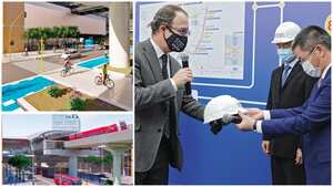 El gerente de Metro de Bogotá, Andrés Escobar, acompañado de Wu Yu, gerente del consorcio Metro Línea 1 S. A. S., y Lan Hu, embajador de China en Colombia.