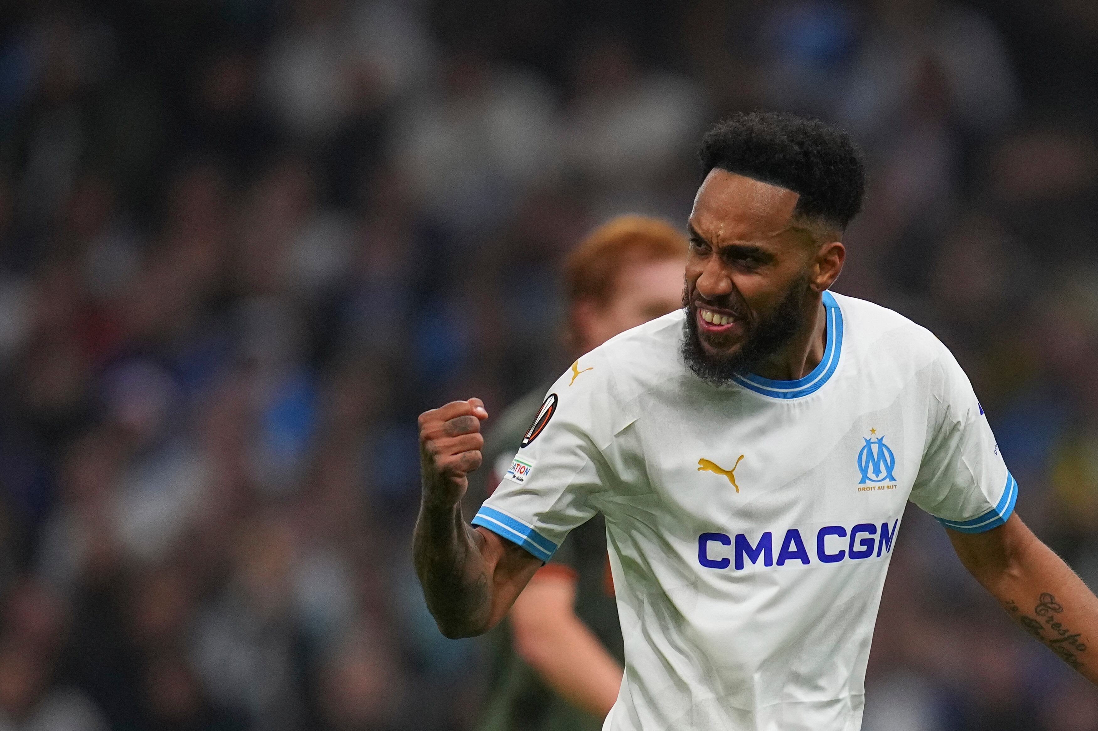Marseille's Pierre-Emerick Aubameyang‎ gestures during the Europa League play off second leg soccer match between Marseille and Shakhtar Donetsk at Velodrome stadium, in Marseille, France, Thursday, Feb. 22, 2024. (AP Photo/Daniel Cole)