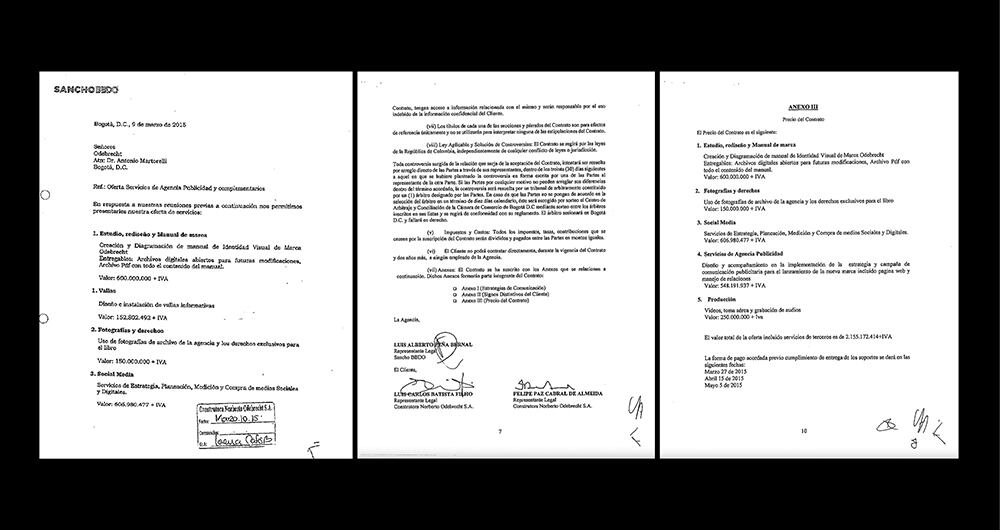    El presunto contrato fechado el 1 de marzo de 2015, cuando Juan Manuel Santos ya era presidente, está firmado por los directivos de Odebrecht y de Sancho BBDO. En la foto se ve el monto y los costosos compromisos publicitarios.