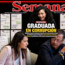 El presidente, Gustavo Petro, hablando con su hija Andrea Petro, el 5 de febrero de 2026, en Washington (Estados Unidos). Atrás, la portada de SEMANA del 25 de julio de 2026