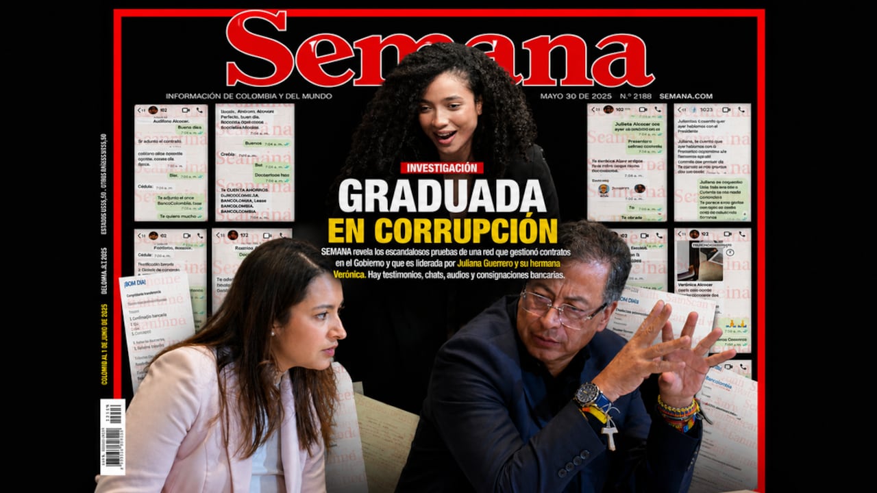 El presidente, Gustavo Petro, hablando con su hija Andrea Petro, el 5 de febrero de 2026, en Washington (Estados Unidos). Atrás, parte de la portada de SEMANA del 25 de julio de 2026.