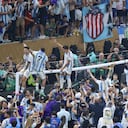 LUSAIL CITY, QATAR - DECEMBER 18: Players of Argentina celebrate the victory with fans after Argentina won the FIFA World Cup Qatar 2022 by beating France via penalty shoot-out at Lusail Stadium on December 18, 2022 in Lusail City, Qatar. (Photo by Fareed Kotb/Anadolu Agency via Getty Images)