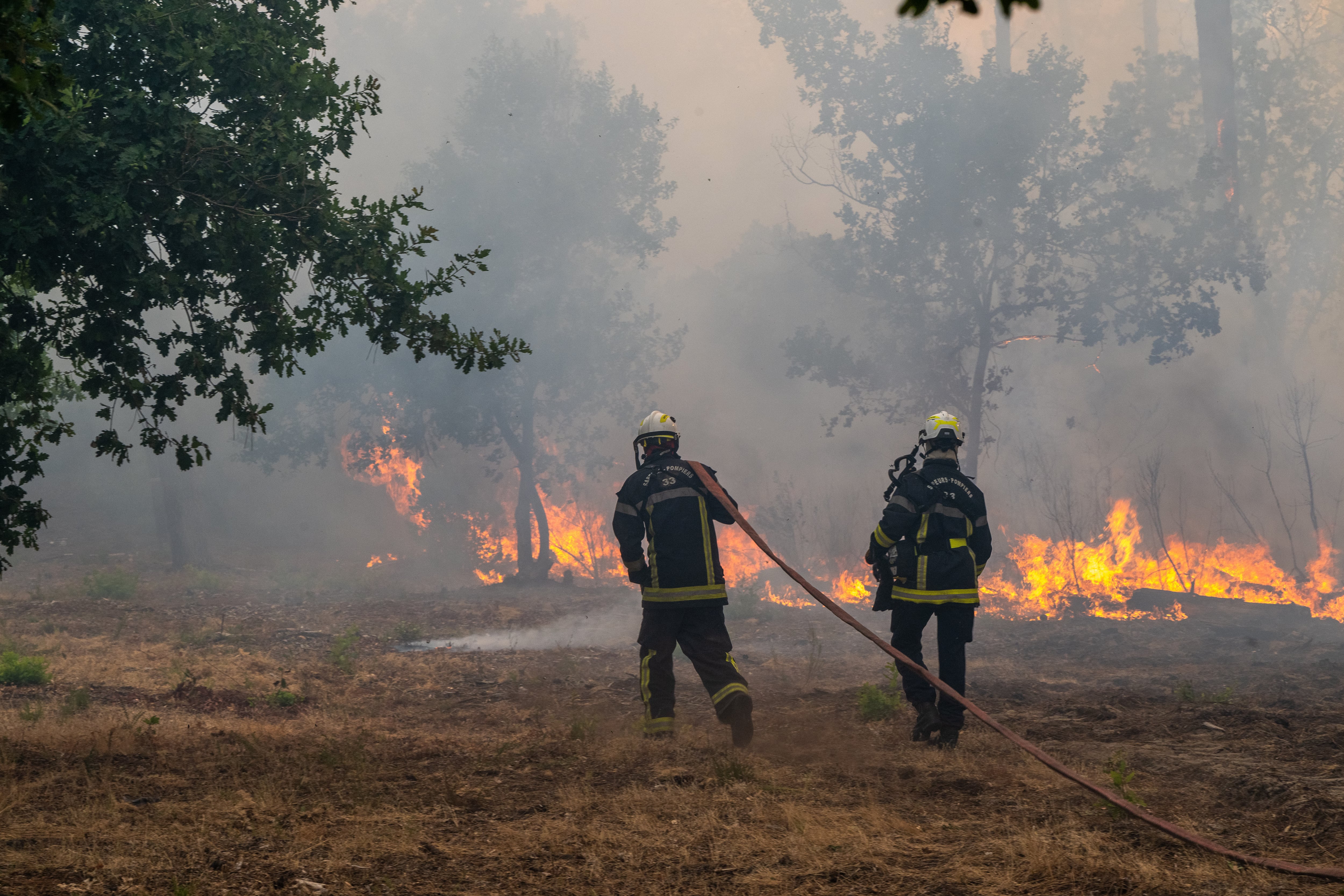 Bomberos rocían agua en un bosque en llamas en la región de Lège-Cap-Ferret, en el oeste de Francia.