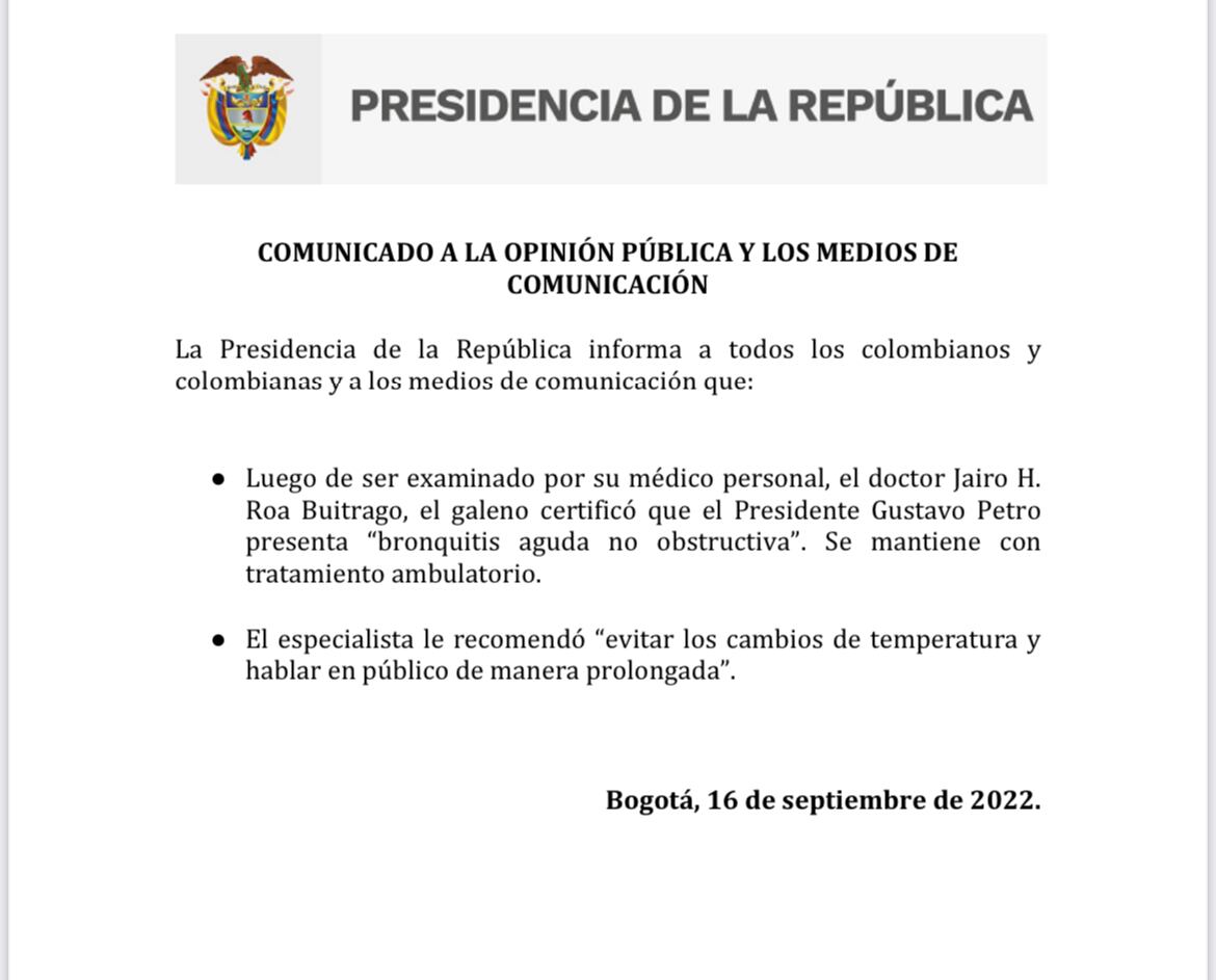 El comunicado de la Presidencia de la República sobre la enfermedad del presidente.