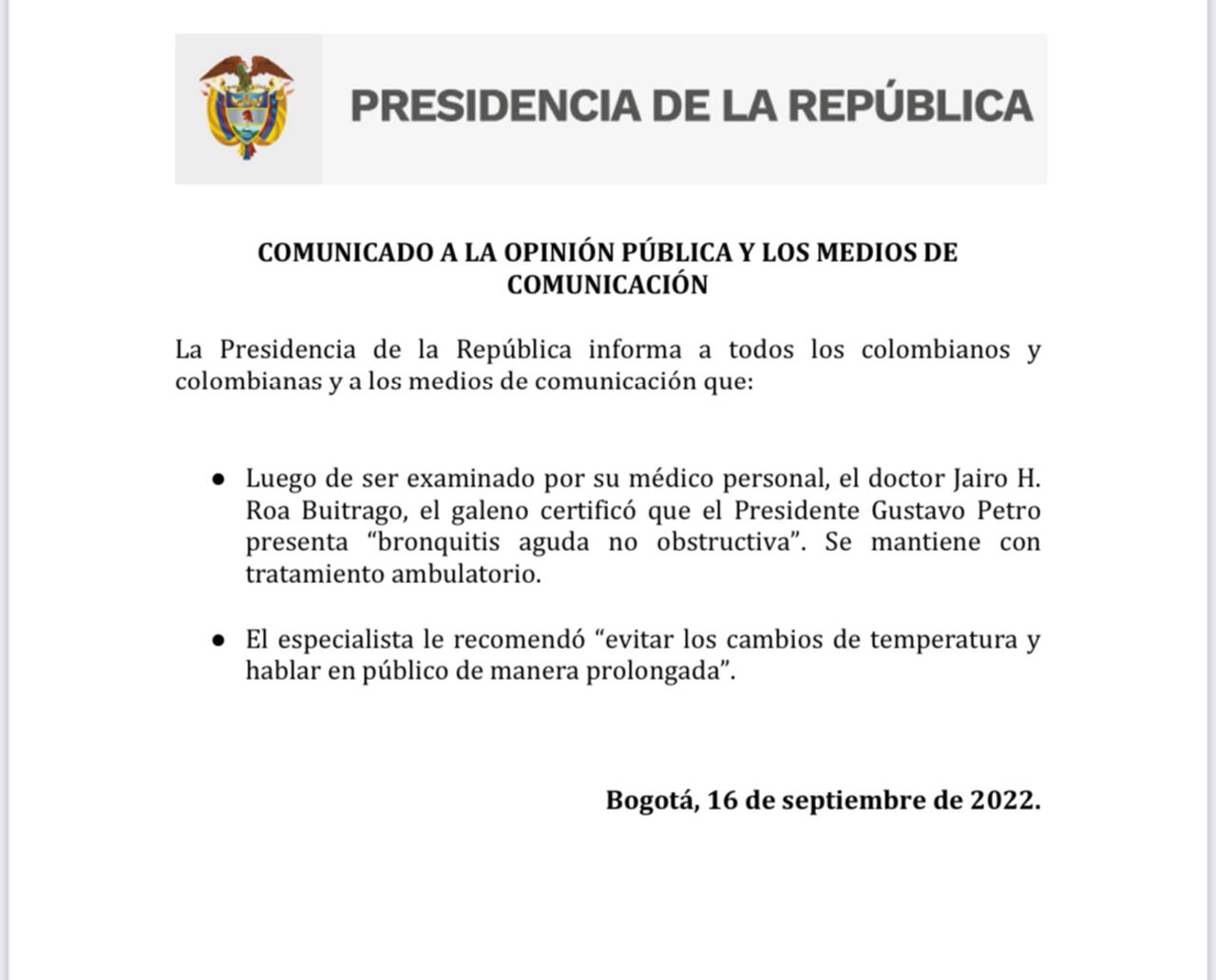 El comunicado de la Presidencia de la República sobre la enfermedad del presidente.