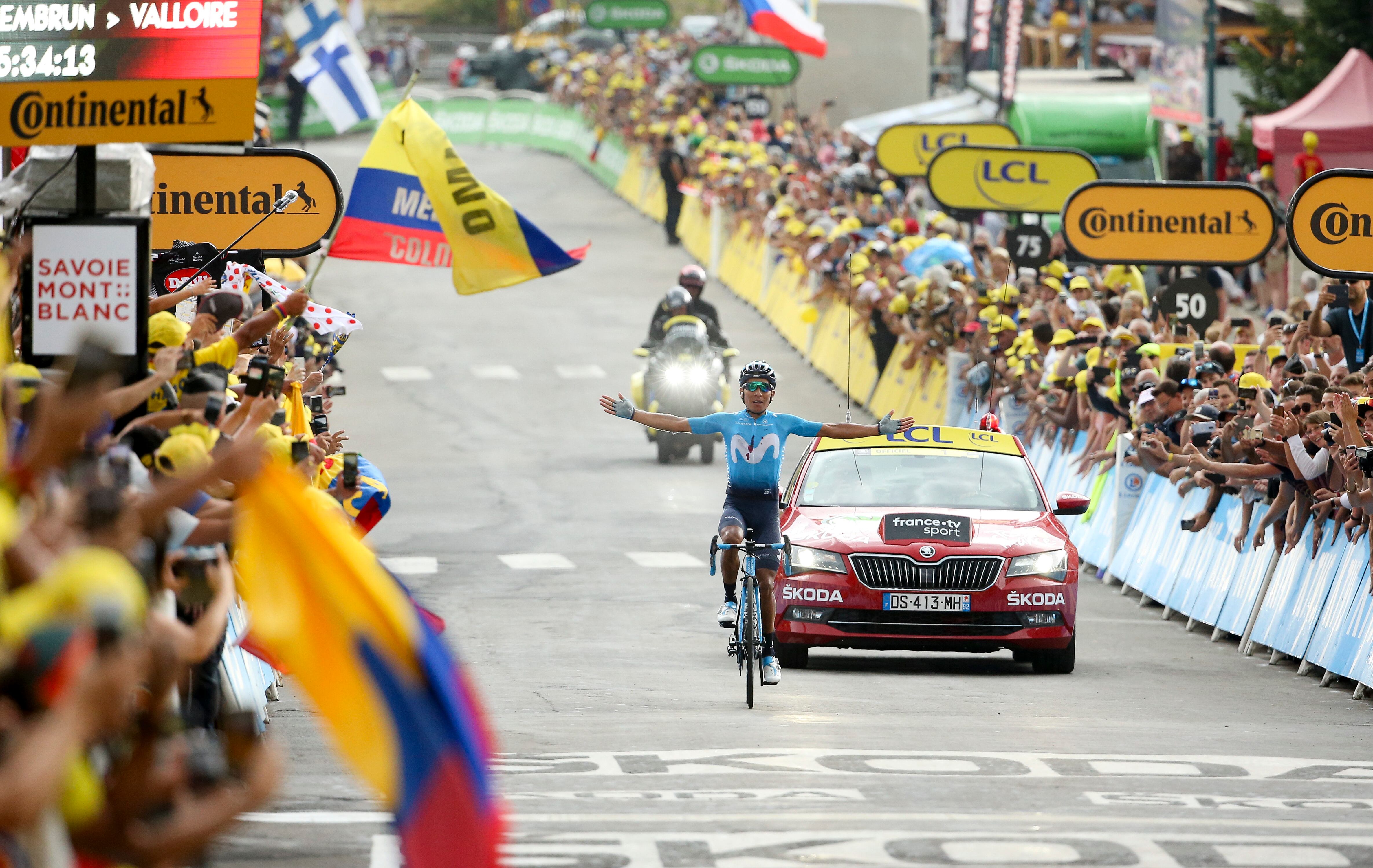 VALLOIRE, FRANCE - JULY 25: Nairo Quintana of Colombia and Movistar Team celebrates winning stage 18 of the 106th Tour de France 2019, a stage from Embrun to Valloire (208km) on July 25, 2019 in Valloire, France. (Photo by Jean Catuffe/Getty Images)