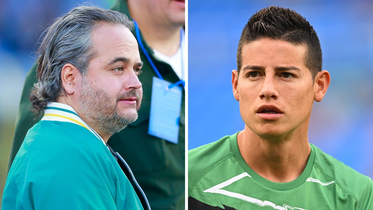 A la izquierda el presidente de Club León, Jesús Martínez, y a la derecha James Rodríguez colombiano al servicio del cuadro esmeralda.