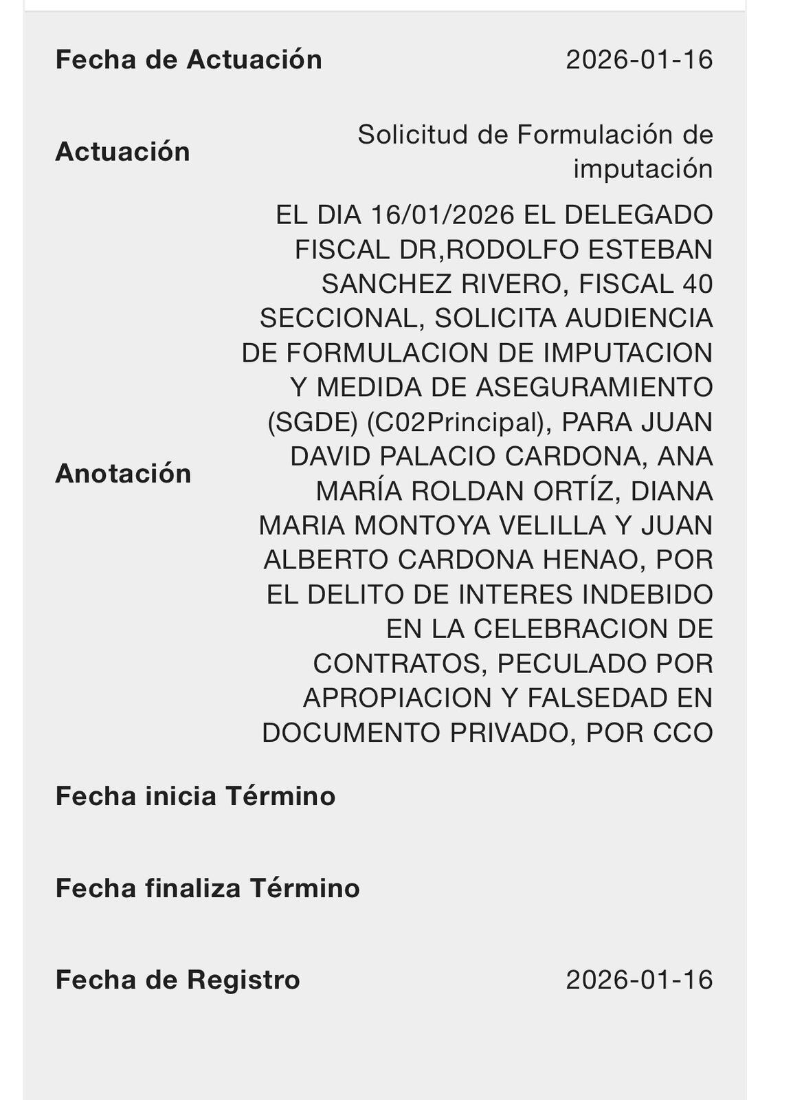 Citación Juan David Palacio en Fiscalía.