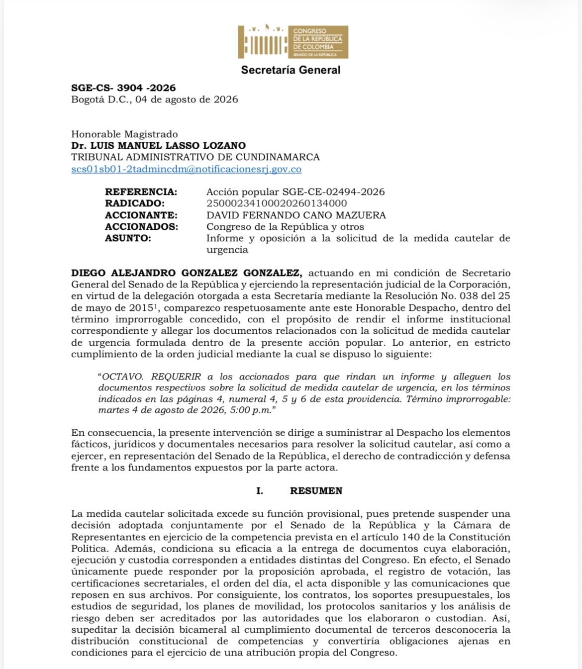 Documento del Senado enviado al Tribunal Administrativo de Cundinamarca.