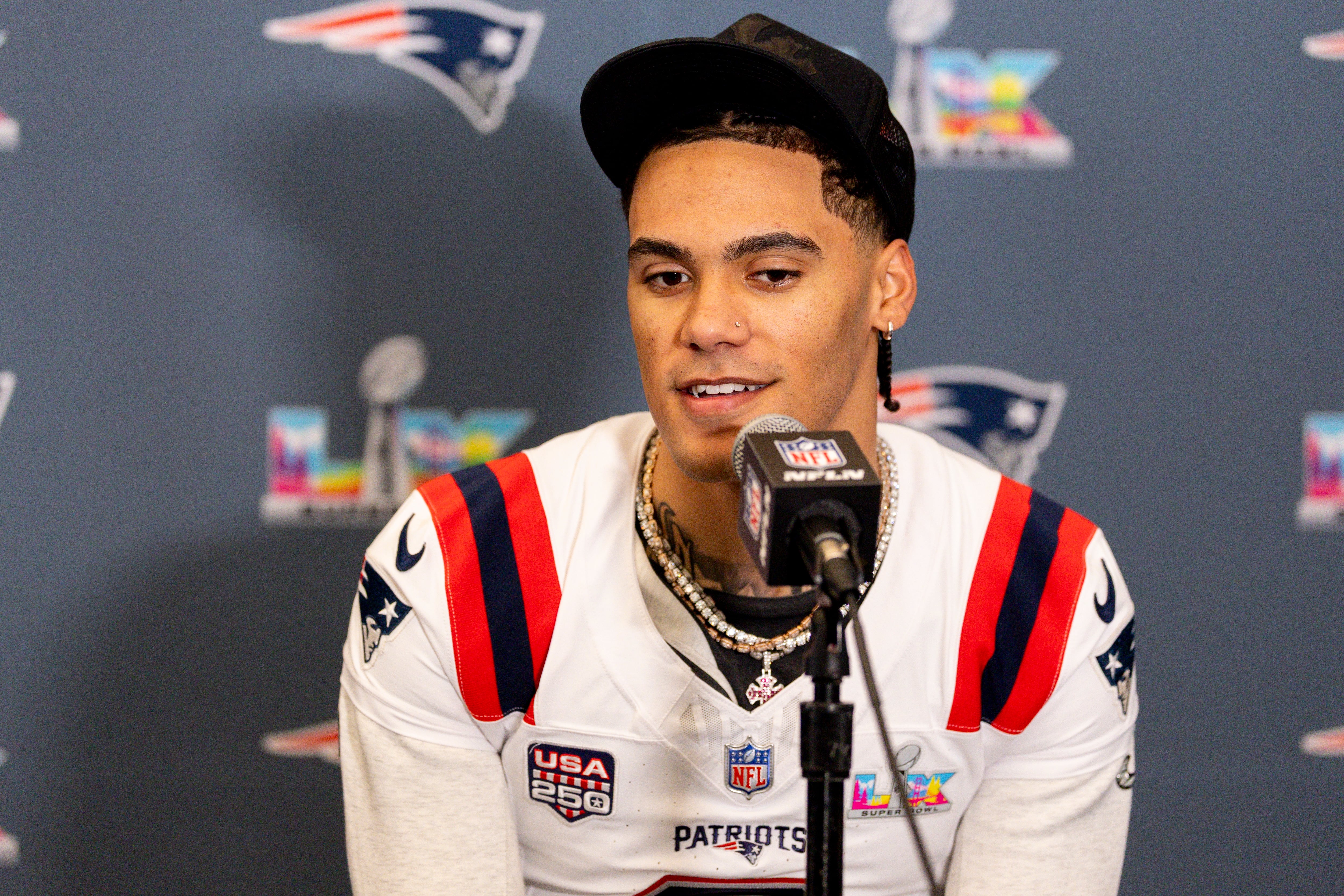 SANTA CLARA, CA - FEBRUARY 05: CB Christian Gonzalez (0) of the New England Patriots answers questions during the Thursday press conference on Thursday, February 5th at the Santa Clara Marriott in Santa Clara, CA. (Photo by Bob Kupbens/Icon Sportswire via Getty Images)